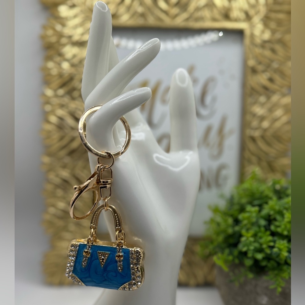 Handbag Shaped Purse Charm Keychain Blue and Gold